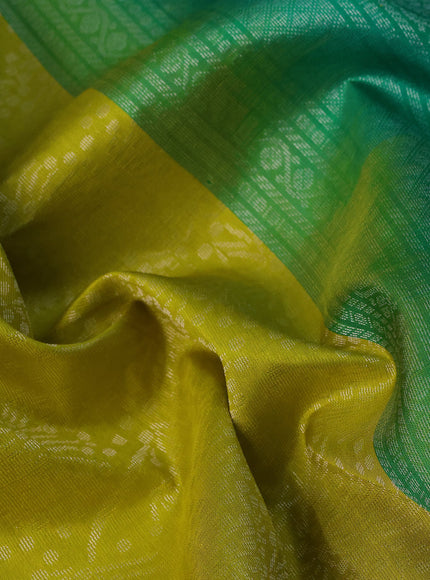 Pure soft silk saree lime yellow and green with allover silver zari woven brocade weaves and rich silver zari woven border