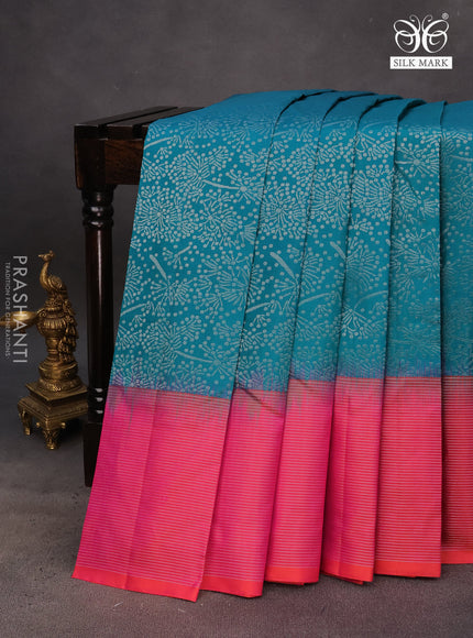 Pure soft silk saree teal green shade and dual shade of pinkish orange with allover silver zari woven brocade weaves and rich silver zari woven border