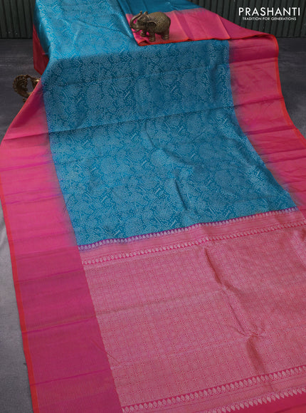 Pure soft silk saree teal green shade and dual shade of pinkish orange with allover silver zari woven brocade weaves and rich silver zari woven border