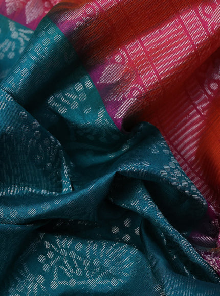 Pure soft silk saree teal green shade and dual shade of pinkish orange with allover silver zari woven brocade weaves and rich silver zari woven border