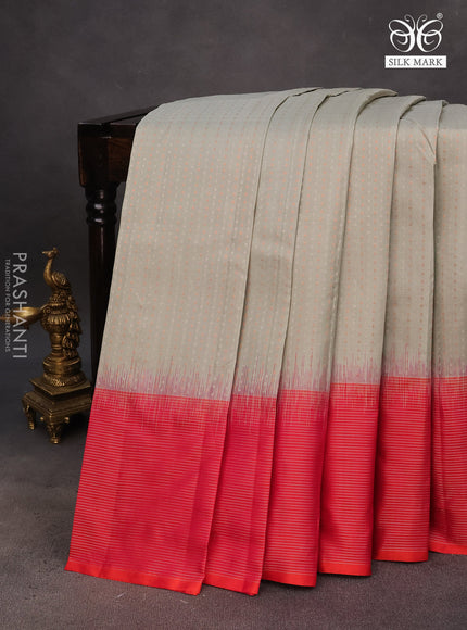 Pure soft silk saree grey shade and dual shade of pinkish orange with allover silver & copper zari woven brocade weaves and rich silver zari woven border