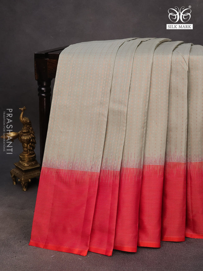 Pure soft silk saree grey shade and dual shade of pinkish orange with allover silver & copper zari woven brocade weaves and rich silver zari woven border