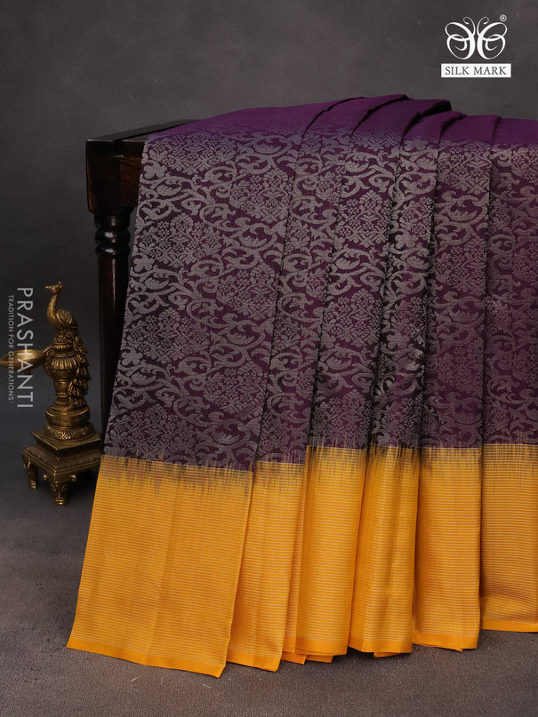 Pure soft silk saree deep purple and mango yellow with allover silver zari woven brocade weaves and rich silver zari woven border