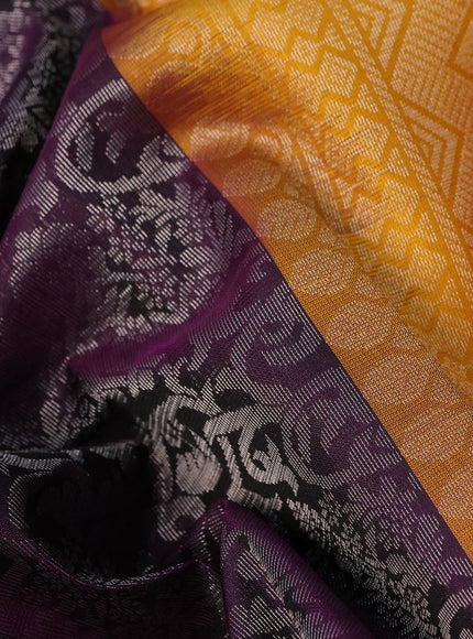 Pure soft silk saree deep purple and mango yellow with allover silver zari woven brocade weaves and rich silver zari woven border