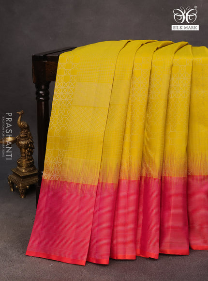 Pure soft silk saree yellow and dual shade of pinkish orange with allover silver zari woven brocade weaves and rich silver zari woven border