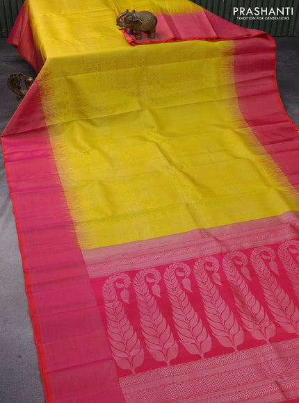 Pure soft silk saree yellow and dual shade of pinkish orange with allover silver zari woven brocade weaves and rich silver zari woven border