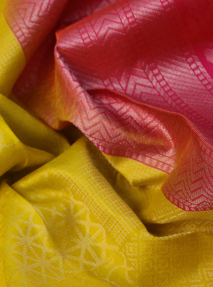 Pure soft silk saree yellow and dual shade of pinkish orange with allover silver zari woven brocade weaves and rich silver zari woven border