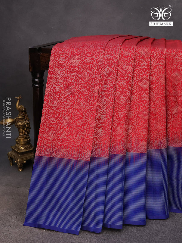 Pure soft silk saree maroon and blue with allover silver zari woven brocade weaves and rich silver zari woven border