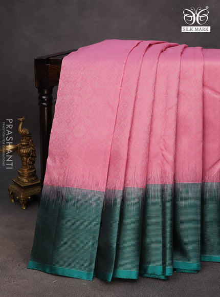 Pure soft silk saree light pink and teal green with allover silver zari woven brocade weaves and rich silver zari woven border