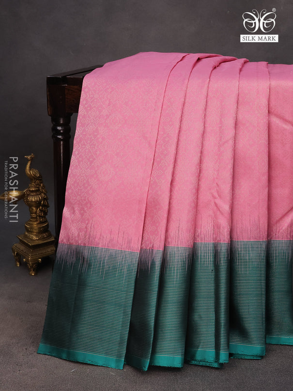 Pure soft silk saree light pink and teal green with allover silver zari woven brocade weaves and rich silver zari woven border