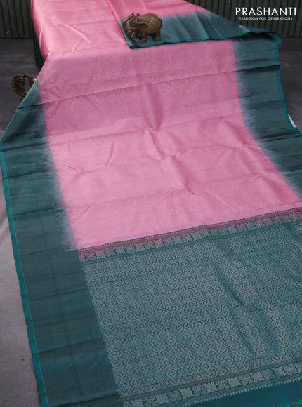 Pure soft silk saree light pink and teal green with allover silver zari woven brocade weaves and rich silver zari woven border