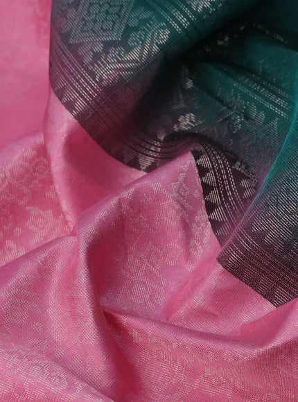 Pure soft silk saree light pink and teal green with allover silver zari woven brocade weaves and rich silver zari woven border