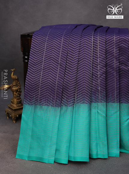 Pure soft silk saree navy blue and teal green with allover silver zari woven brocade weaves and rich silver zari woven border