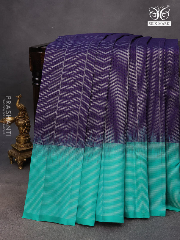 Pure soft silk saree navy blue and teal green with allover silver zari woven brocade weaves and rich silver zari woven border