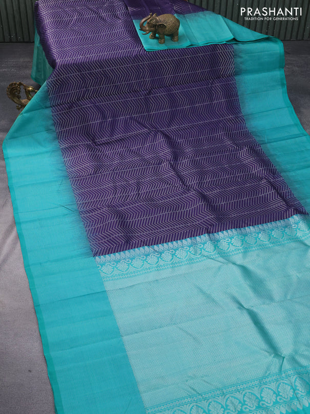 Pure soft silk saree navy blue and teal green with allover silver zari woven brocade weaves and rich silver zari woven border