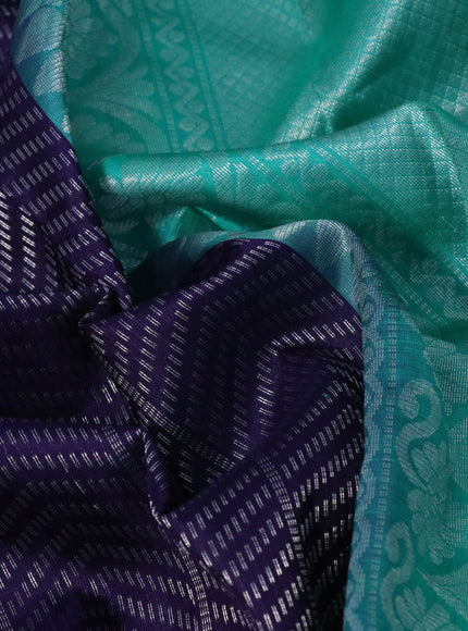 Pure soft silk saree navy blue and teal green with allover silver zari woven brocade weaves and rich silver zari woven border