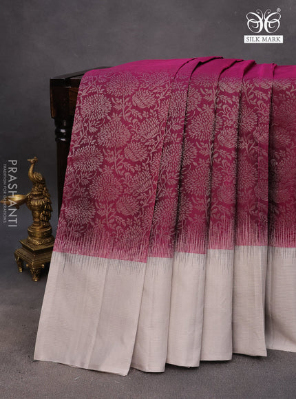 Pure soft silk saree dark magenta and grey with allover silver zari woven brocade weaves and rich silver zari woven border