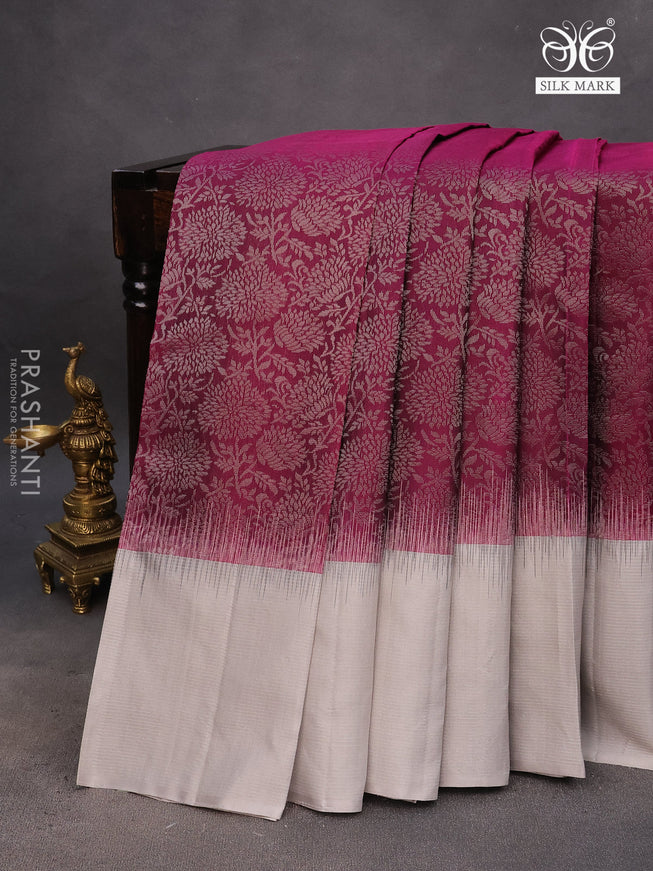 Pure soft silk saree dark magenta and grey with allover silver zari woven brocade weaves and rich silver zari woven border