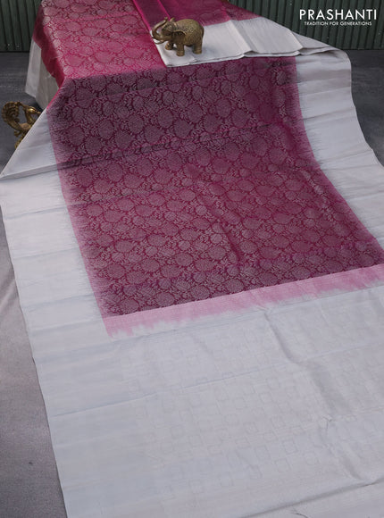 Pure soft silk saree dark magenta and grey with allover silver zari woven brocade weaves and rich silver zari woven border