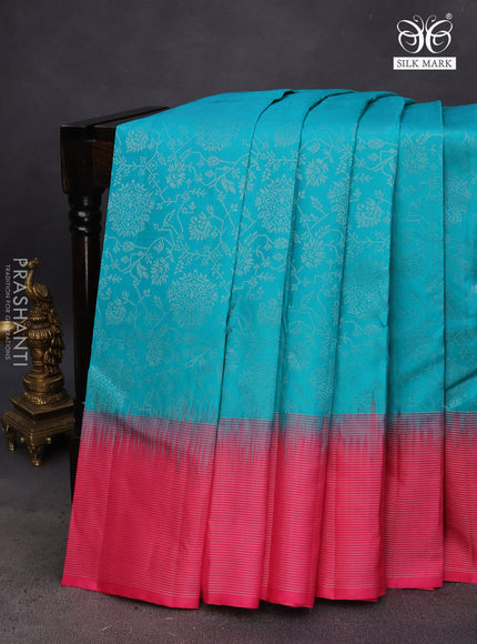 Pure soft silk saree teal blue and pink with allover silver zari woven brocade weaves and rich silver zari woven border