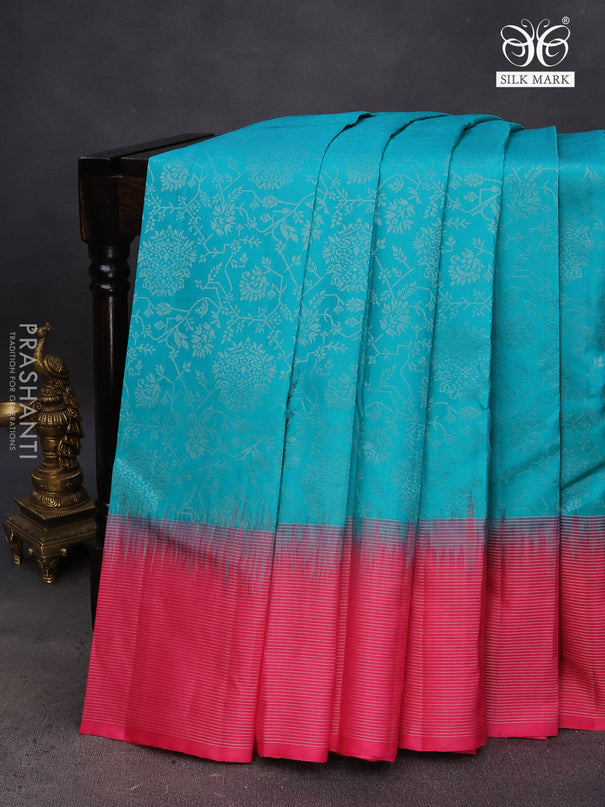 Pure soft silk saree teal blue and pink with allover silver zari woven brocade weaves and rich silver zari woven border