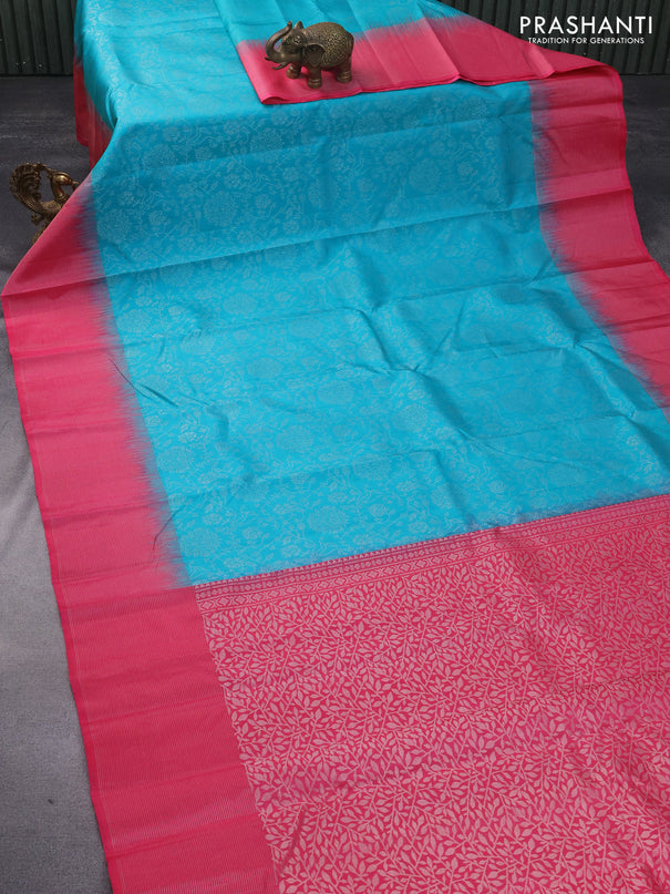 Pure soft silk saree teal blue and pink with allover silver zari woven brocade weaves and rich silver zari woven border