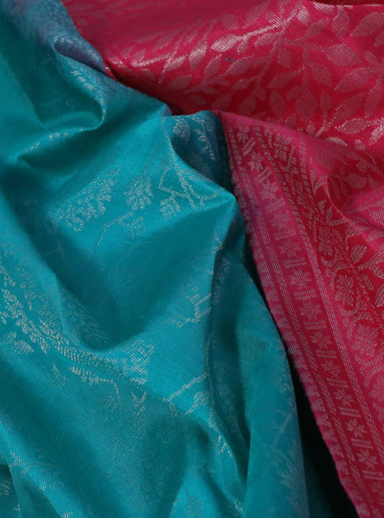 Pure soft silk saree teal blue and pink with allover silver zari woven brocade weaves and rich silver zari woven border