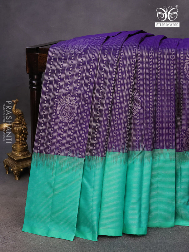 Pure soft silk saree deep violet and teal green with allover silver zari woven brocade weaves and rich silver zari woven border