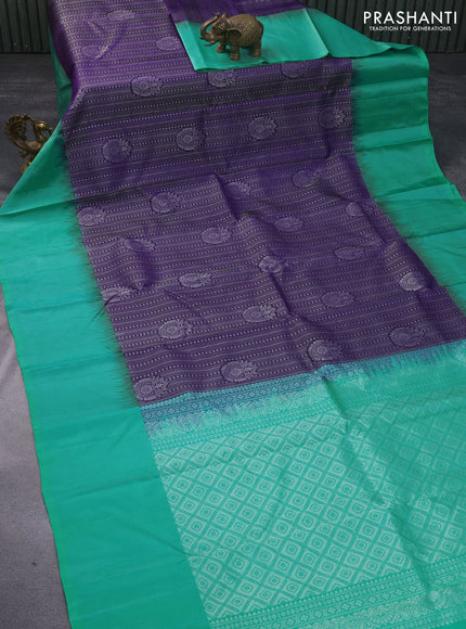 Pure soft silk saree deep violet and teal green with allover silver zari woven brocade weaves and rich silver zari woven border