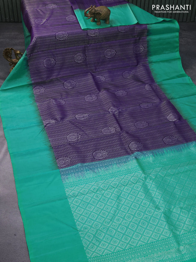 Pure soft silk saree deep violet and teal green with allover silver zari woven brocade weaves and rich silver zari woven border