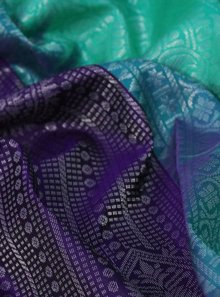 Pure soft silk saree deep violet and teal green with allover silver zari woven brocade weaves and rich silver zari woven border