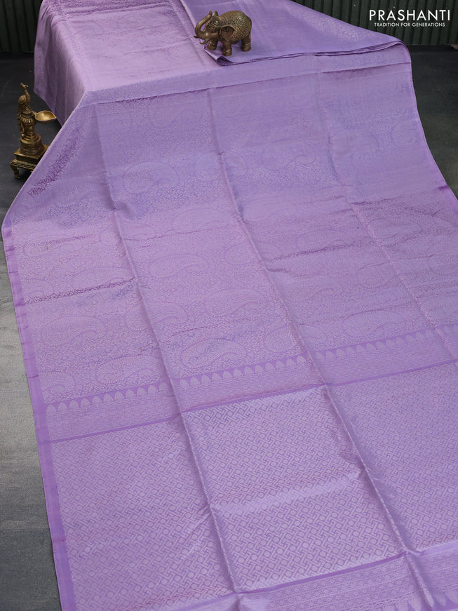 Pure soft silk saree lavender with allover silver zari woven brocade weaves in borderless style