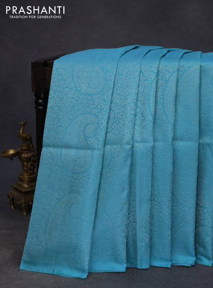 Pure soft silk saree teal blue with allover silver zari woven brocade weaves in borderless style