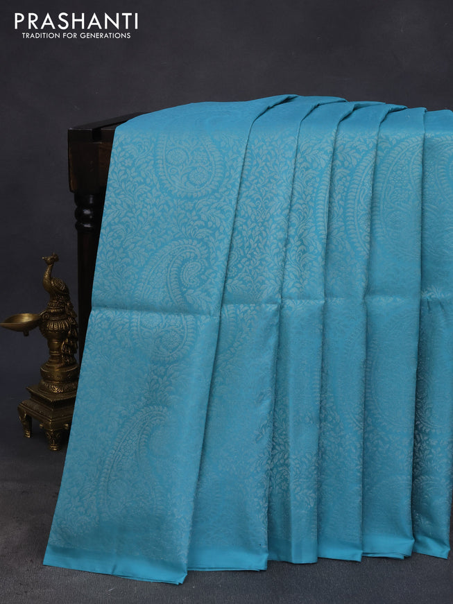 Pure soft silk saree teal blue with allover silver zari woven brocade weaves in borderless style