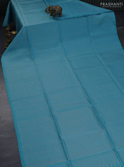 Pure soft silk saree teal blue with allover silver zari woven brocade weaves in borderless style