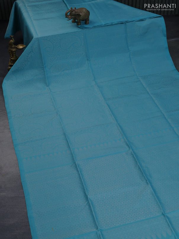 Pure soft silk saree teal blue with allover silver zari woven brocade weaves in borderless style