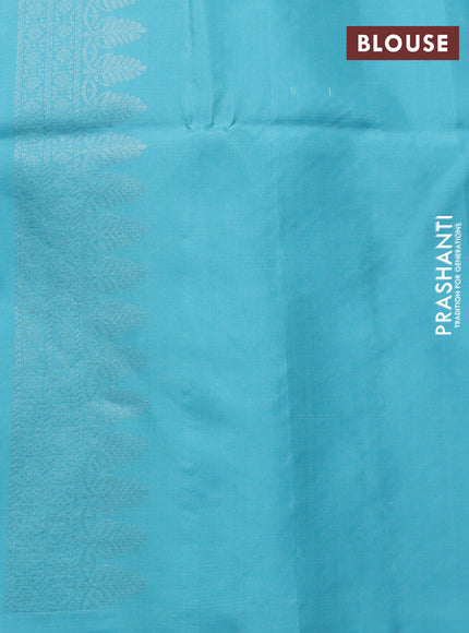 Pure soft silk saree teal blue with allover silver zari woven brocade weaves in borderless style