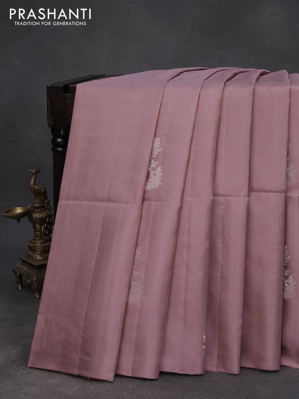 Pure soft silk saree pastel pink shade with silver zari woven buttas in borderless style