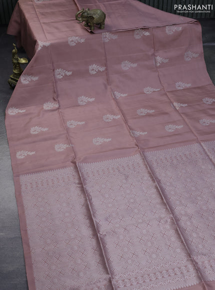 Pure soft silk saree pastel pink shade with silver zari woven buttas in borderless style