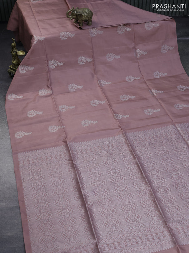 Pure soft silk saree pastel pink shade with silver zari woven buttas in borderless style