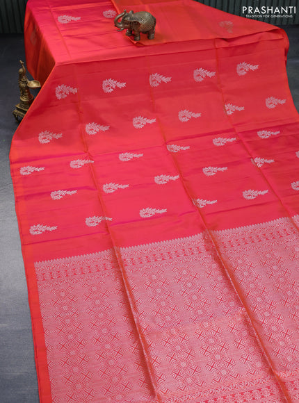 Pure soft silk saree dual shade of pinkish orange with silver zari woven buttas in borderless style