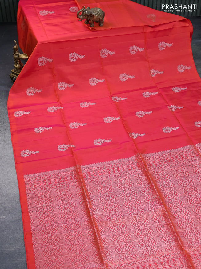 Pure soft silk saree dual shade of pinkish orange with silver zari woven buttas in borderless style