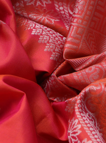 Pure soft silk saree dual shade of pinkish orange with silver zari woven buttas in borderless style