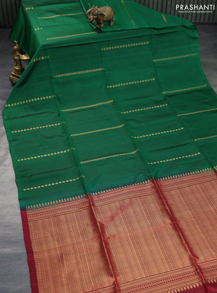 Pure soft silk saree dark green and maroon with allover zari weaves in borderless style