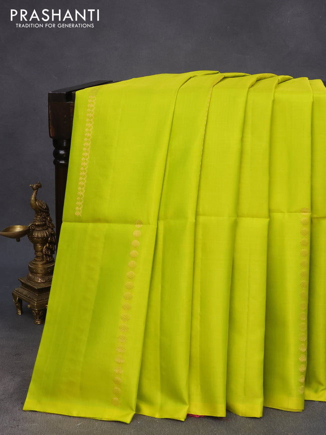 Pure soft silk saree lime green and onion pink with allover zari weaves in borderless style