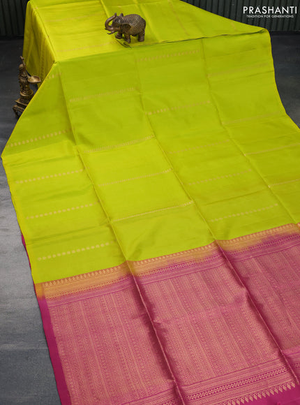 Pure soft silk saree lime green and onion pink with allover zari weaves in borderless style