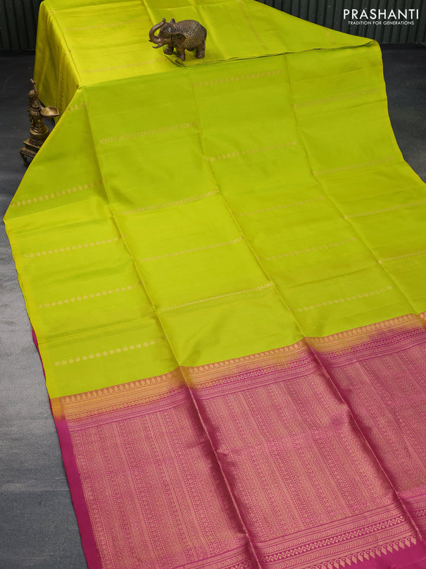 Pure soft silk saree lime green and onion pink with allover zari weaves in borderless style