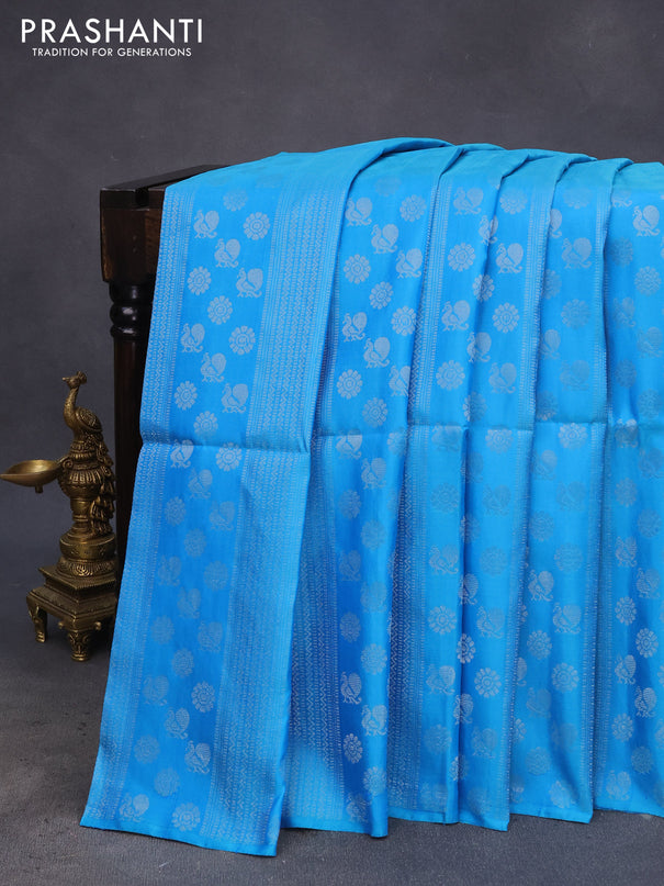 Pure soft silk saree blue with allover silver zari weaves & buttas in borderless style