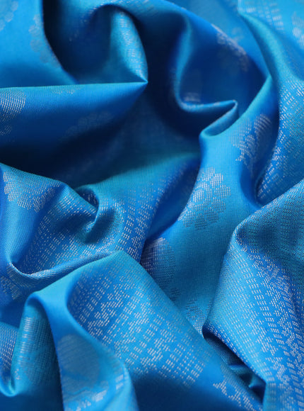 Pure soft silk saree blue with allover silver zari weaves & buttas in borderless style