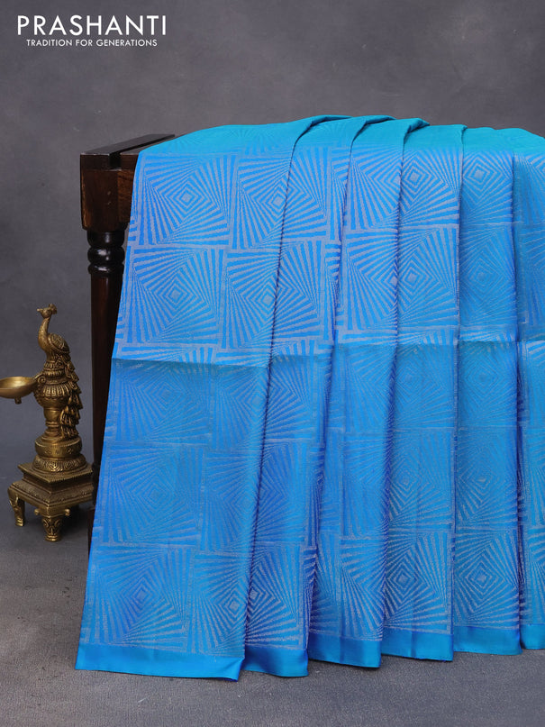 Pure soft silk saree dual shade of bluish green with allover silver zari woven brocade weaves in borderless style